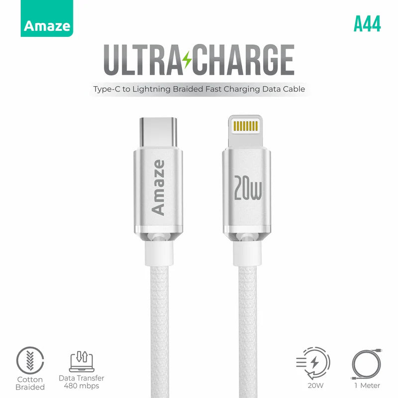 Buy Amaze A44 Ultra Charge Type C to Lightning Cable 20W 1m from Vmart in Pakistan