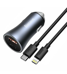 Buy Baseus 40W Dual Car Charger with Type C to iP Cable Gray from Vmart in Pakistan