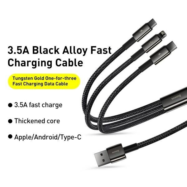 Buy Baseus Tungsten Gold 3 in 1 Fast Charging Data Cable USB to M+L+C 3.5A 1.5m - Black from Vmart in Pakistan