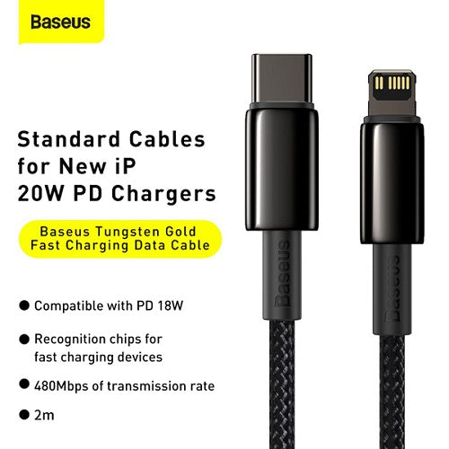 Buy Baseus Tungsten Gold Fast Charging Data Cable Type-C to Lightning PD 20W 2m - Black from Vmart in Pakistan