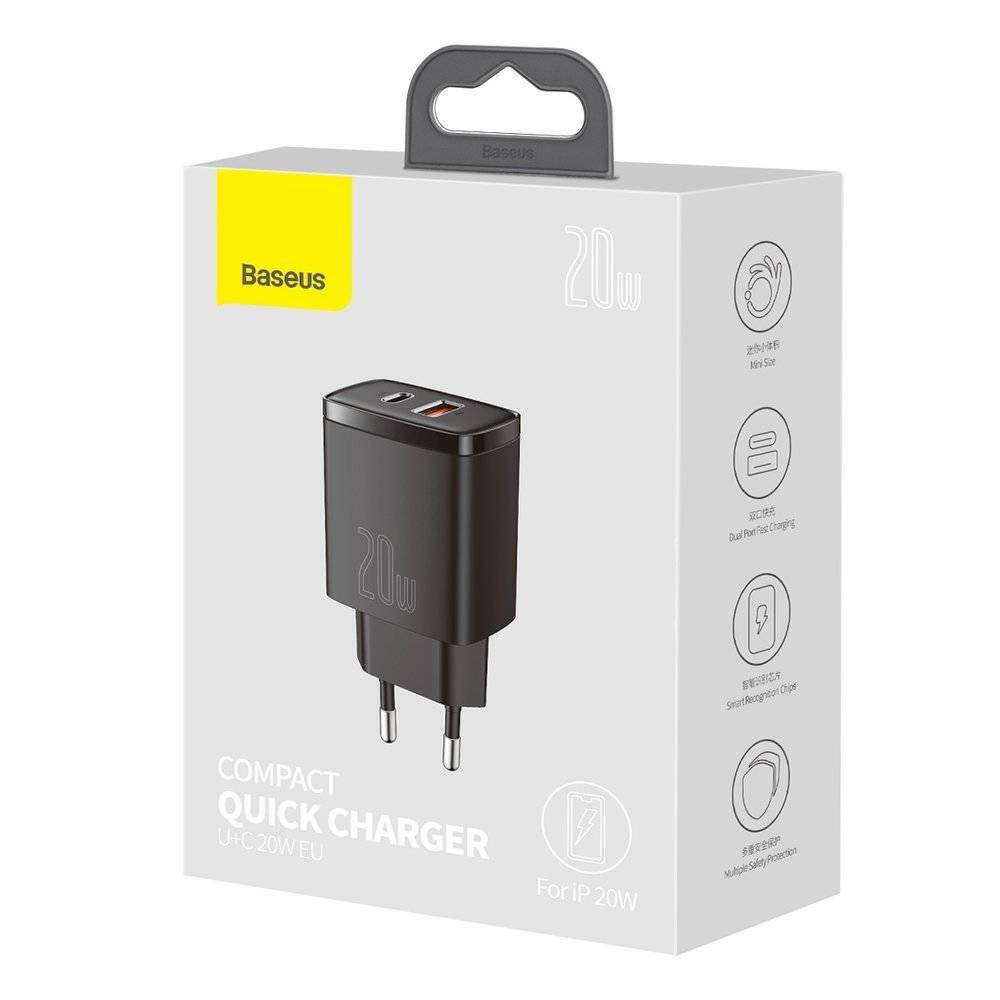 Buy Baseus Compact USB + TYPE-C 20W 3A Quick Charge 3.0 - Black from Vmart in Pakistan