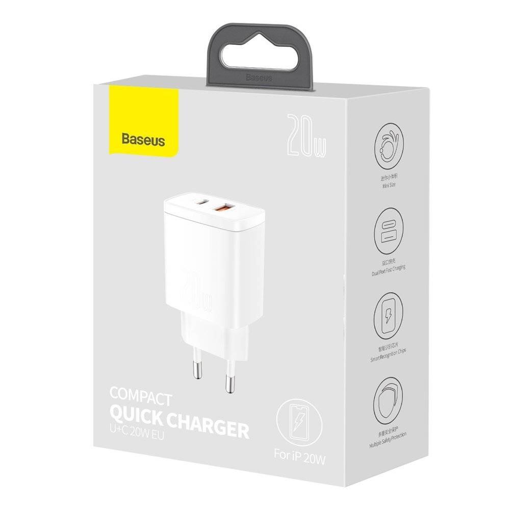 Buy Baseus Compact USB + TYPE-C 20W 3A Quick Charge 3.0 - White from Vmart in Pakistan