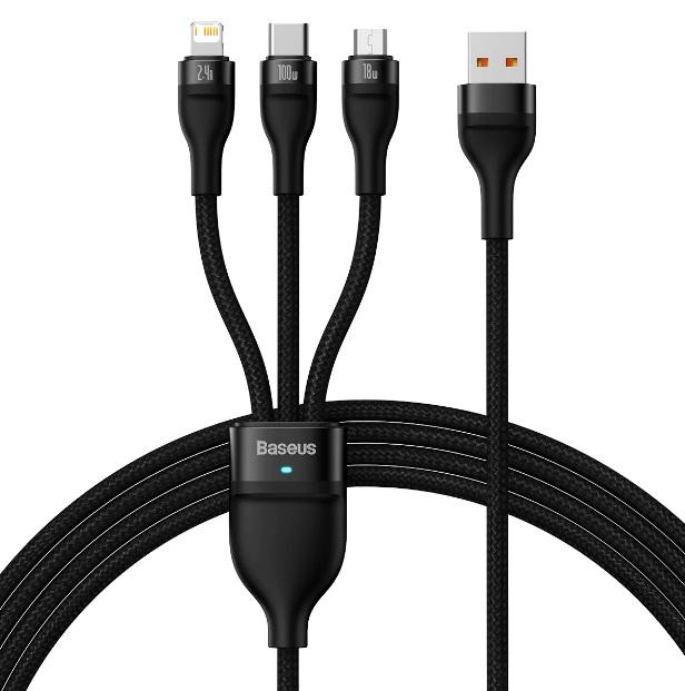 Buy Baseus Flash Series Ⅱ One for Three Fast Charging Data Cable USB to M+L+C 100W 1.2m Black from Vmart in Pakistan
