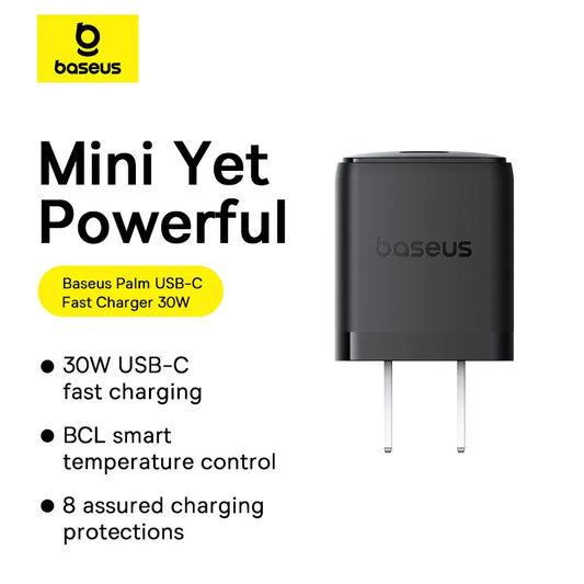 Buy Baseus Palm Fast Charger 1C 30W US Cluster Black with USB-C to USB-C 60W (20V/3A) 1m from Vmart in Pakistan