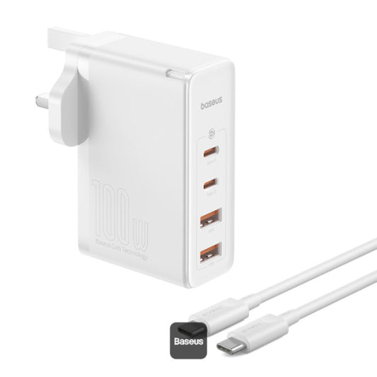 Buy Baseus GaN5 Pro 100W 4 Port Fast Charger 2 Type-C + 2 USB-A UK Plug with 100W Fast Charging Data Cable Type-C (20V/5A) 1m White from Vmart in Pakistan