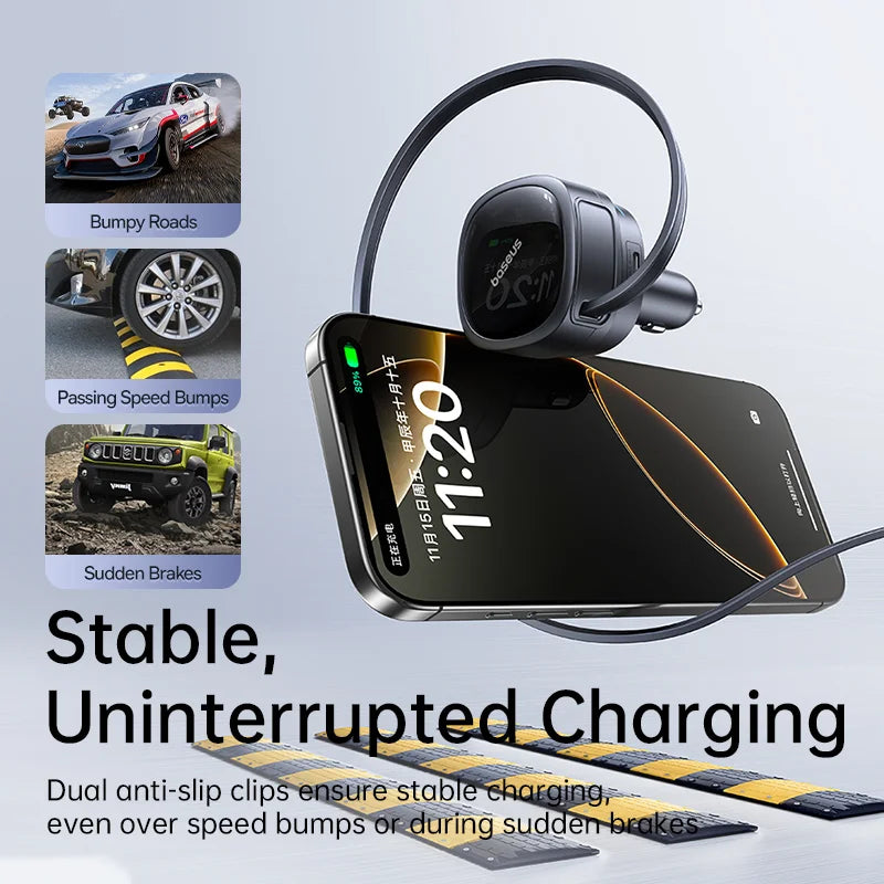 Buy Baseus PrimeTrip VR1 Car Charger with Retractable Cable (U+C)+Type-C 60W Cosmic Black Vmart in Pakistan