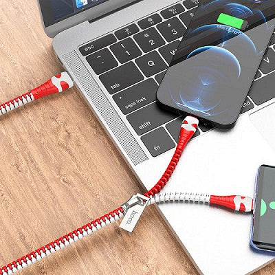 Buy Hoco U97 Zipper 2-in-1 USB to Lightning / Type-C Charging Cable - Red+White from Vmart in Pakistan