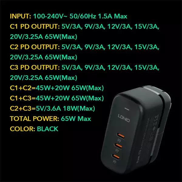 Buy Ldnio Q367 65W GaN Super Fast Charger EU Plug with Type-C To Type-C Cable from Vmart in Pakistan