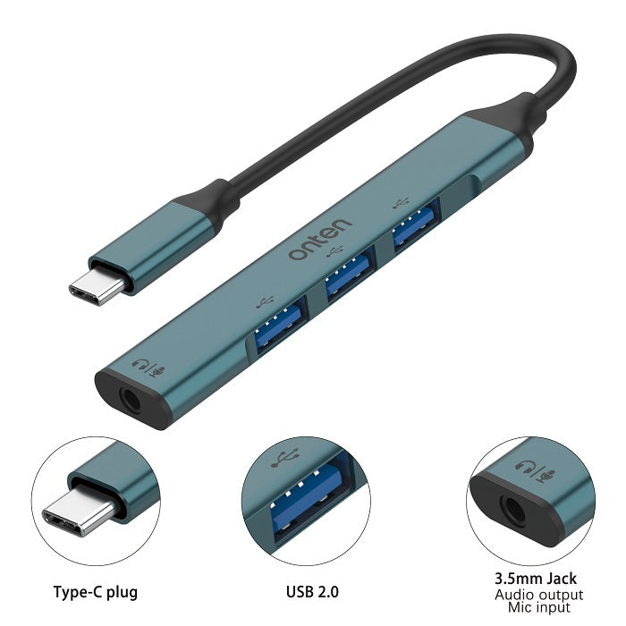 Buy Onten 9706 USB-C to 3.5mm Jack Adapter with USB 3-Port Hub from Vmart in Pakistan