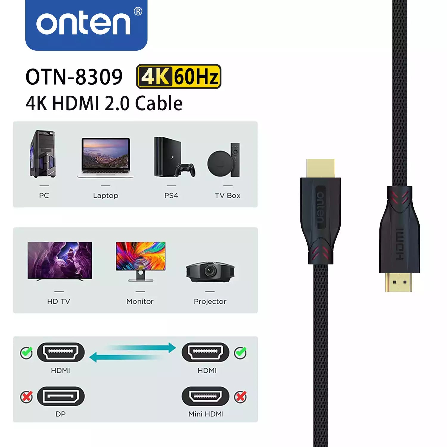 Buy Onten OTN-8309 4K HDMI 2.0 Cable 5m from Vmart in Pakistan