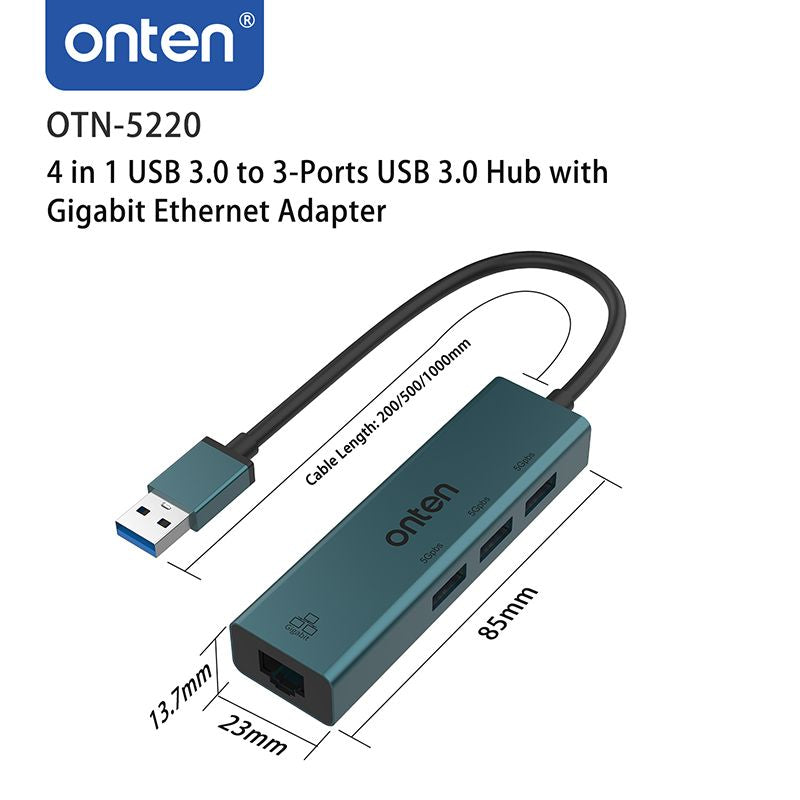 Buy Onten 5220 USB3.0 to 3-Ports USB 3.0 Hub with Gigabit Ethernet Adapter from Vmart in Pakistan