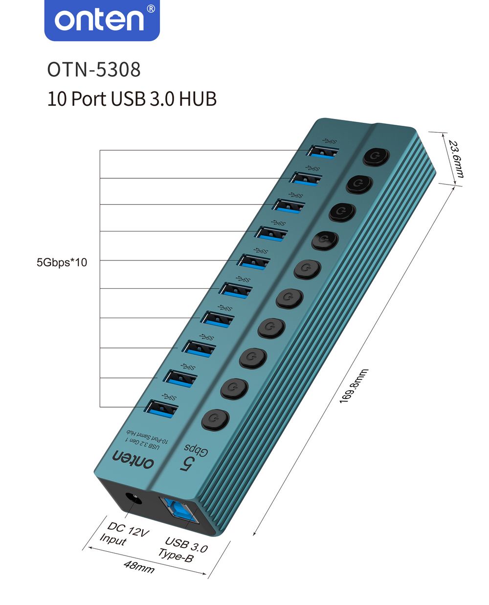Buy Onten 5308 USB 3.2 Gen 1 10-port Hub With Separate Buttons from Vmart in Pakistan