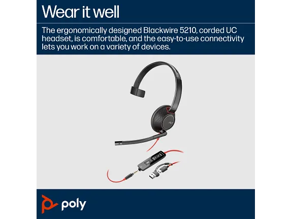 Buy Poly Blackwire 5210 Monaural USB-C Headset +3.5mm Plug +USB-C/A Adapter Vmart in Pakistan