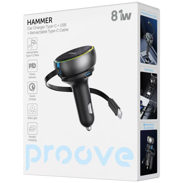 Buy Proove Hammer 81W Car Charger (Type-C + USB) + Retractable Type-C Cable from Vmart in Pakistan