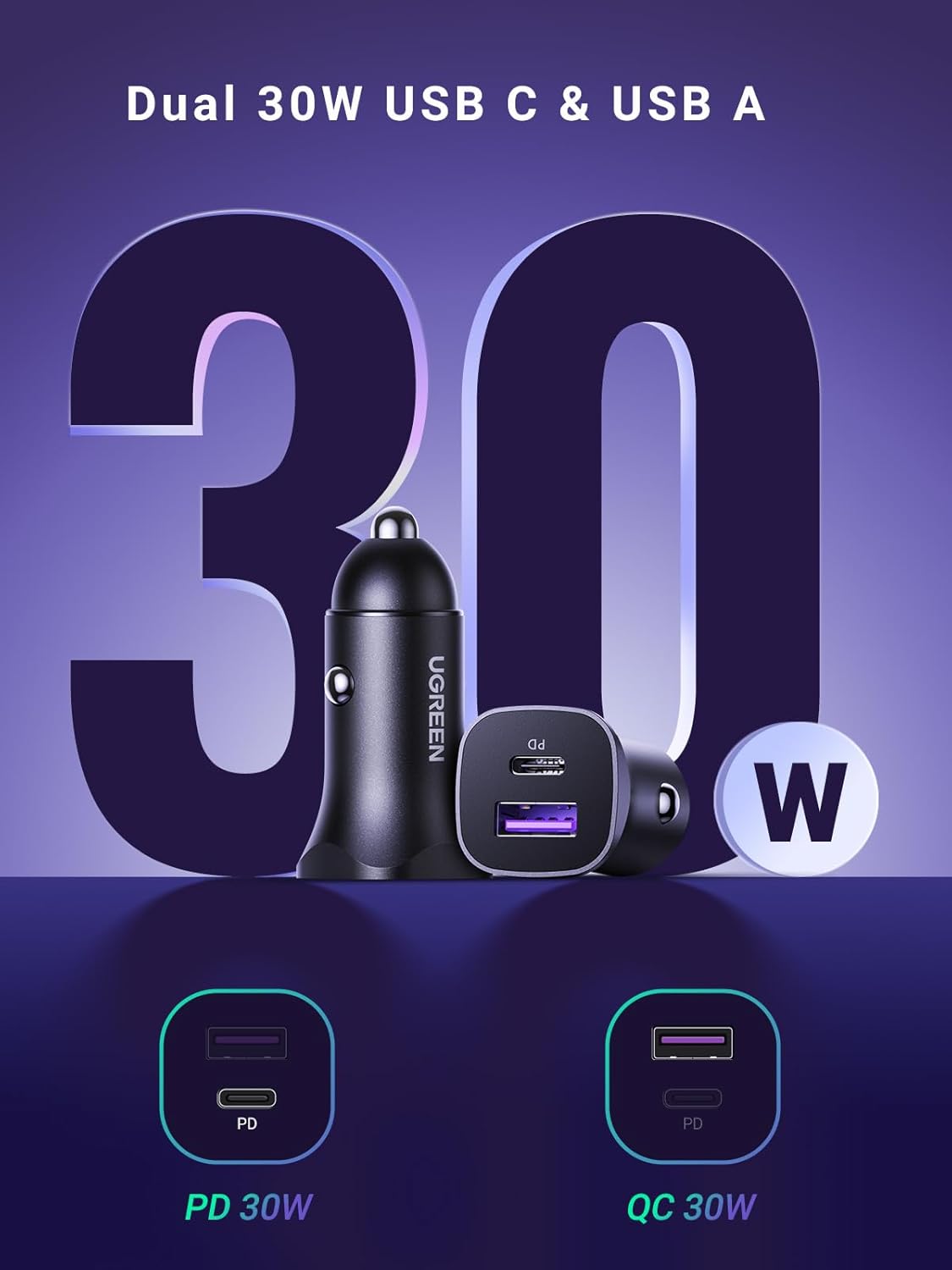 Buy Ugreen 25045 30W Type-C + USB Dual Port Car Charger from Vmart in Pakistan