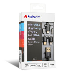 Buy Verbatim 65385 3-in-1 microUSB / Lightning / Type C to USB-A Cable 120CM from Vmart in Pakistan