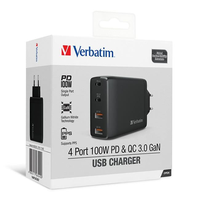 Buy Verbatim 66545 4 Port 100W PD 3.0 & QC 3.0 GaN USB Charger EU Plug Black from Vmart in Pakistan