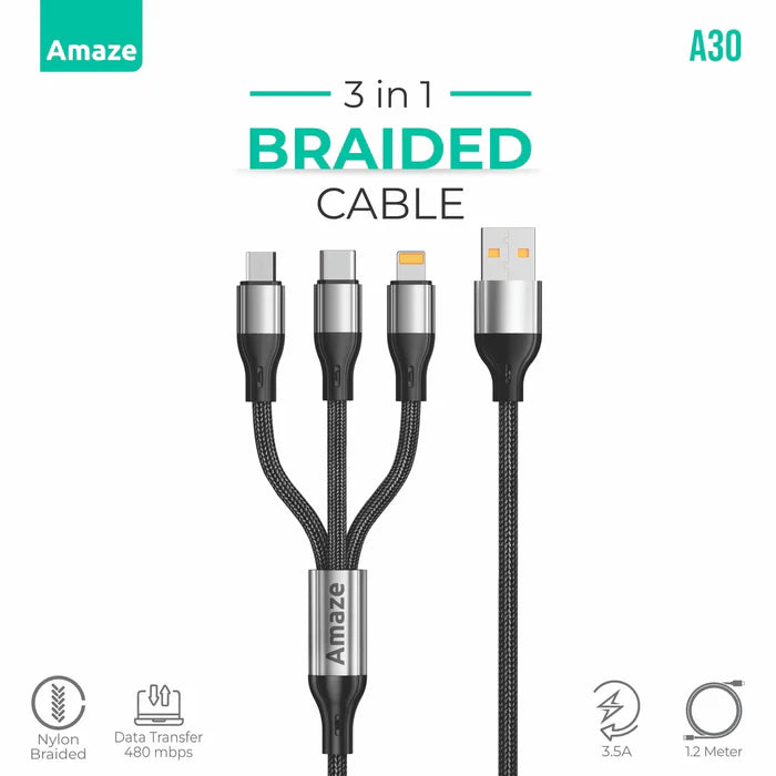 Amaze A30 3-in-1 USB to Micro/TypeC/iPhone Cable 3.5A 1.2m