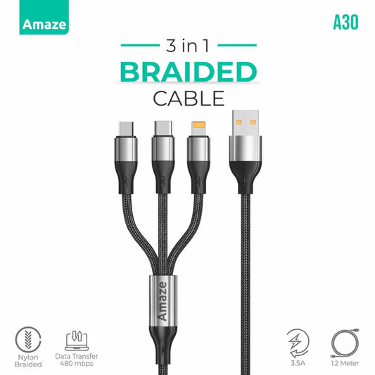 Buy Amaze A30 3-in-1 USB to Micro/TypeC/iPhone Cable 3.5A 1.2m from Vmart in Pakistan