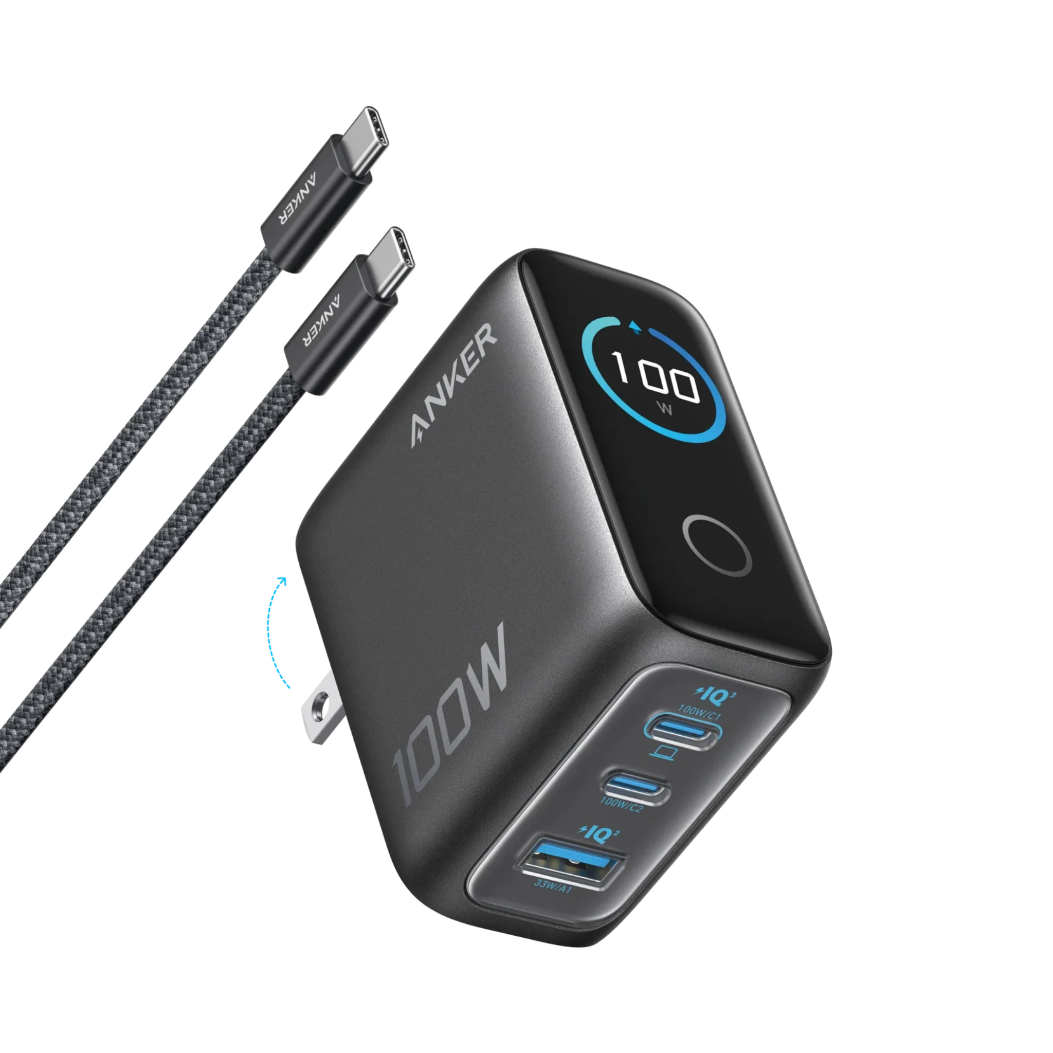 Buy Anker Charger 100W (3 Ports Smart Display) 2-Pin (US) Dark Grey Vmart in Pakistan