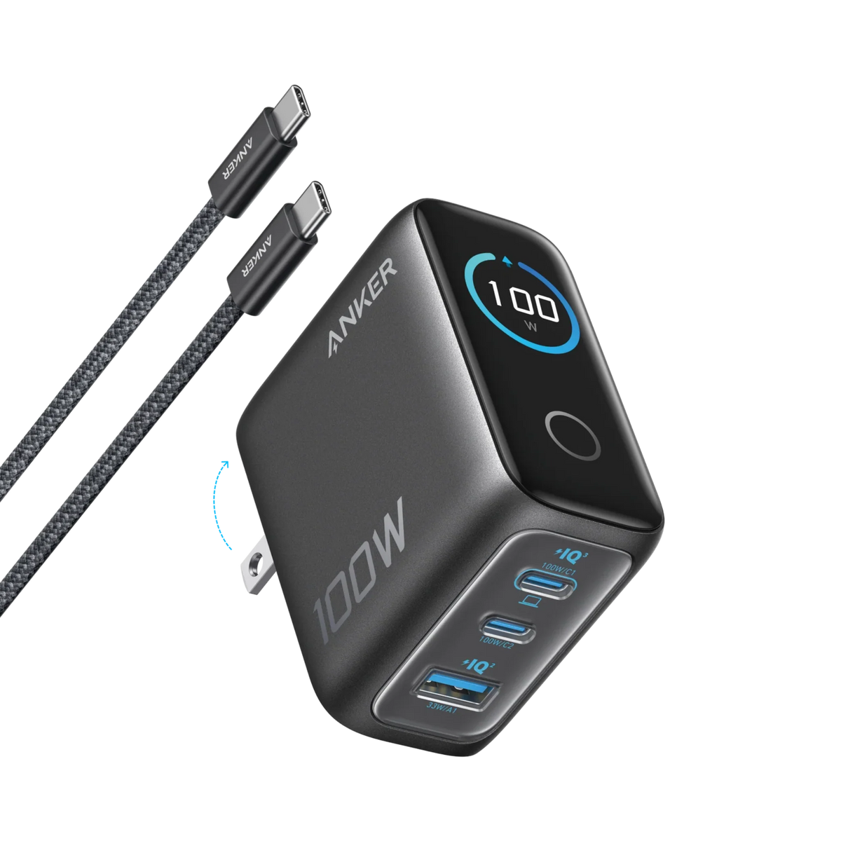 Buy Anker Charger 100W (3 Ports Smart Display) 2-Pin (US) Dark Grey Vmart in Pakistan