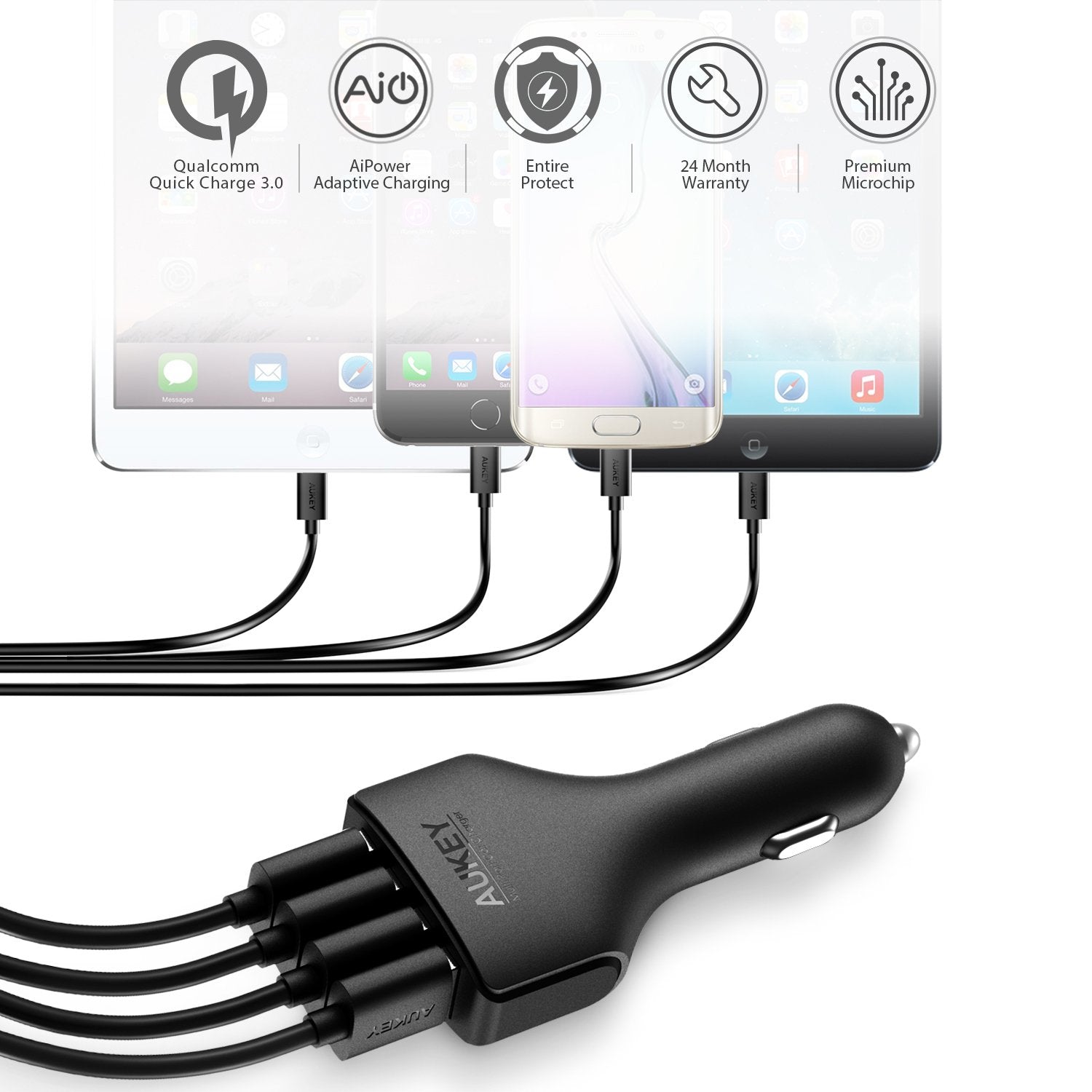 Aukey Quad Port Car Charger With Quick Charge 3.0