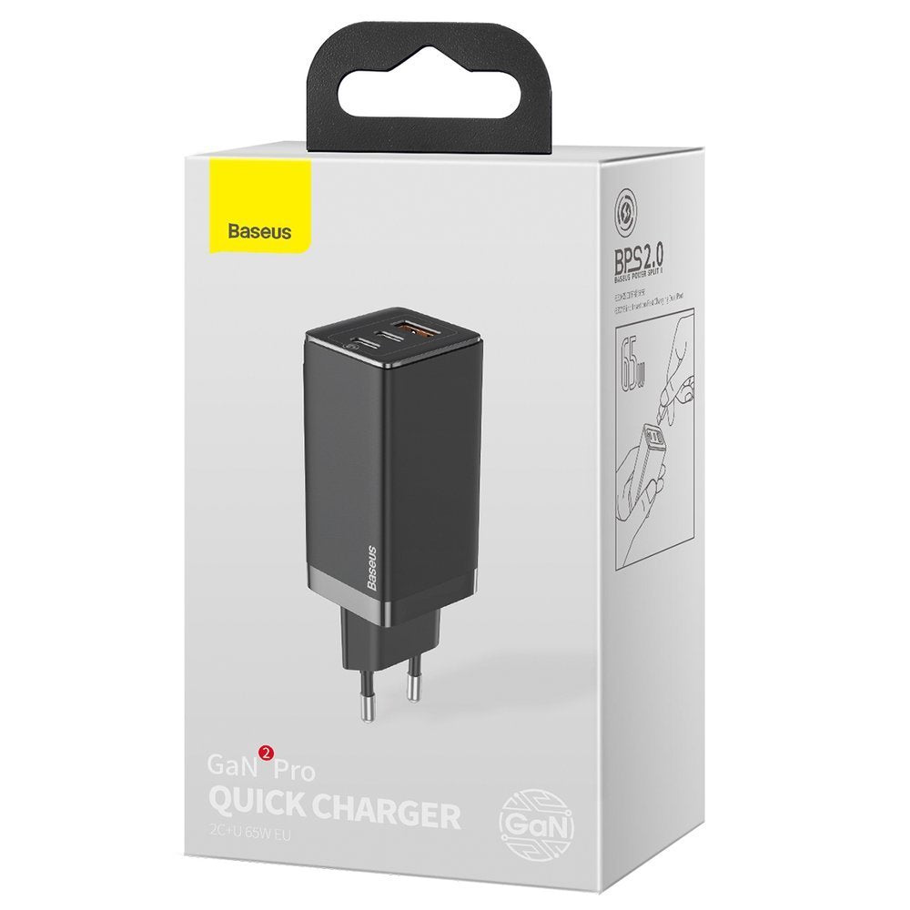 Baseus GaN2 Pro Quick Charger 2C+U 65W With Fast Charging Cable Type-C to Type-C 100W (20V/5A) 1m - Black