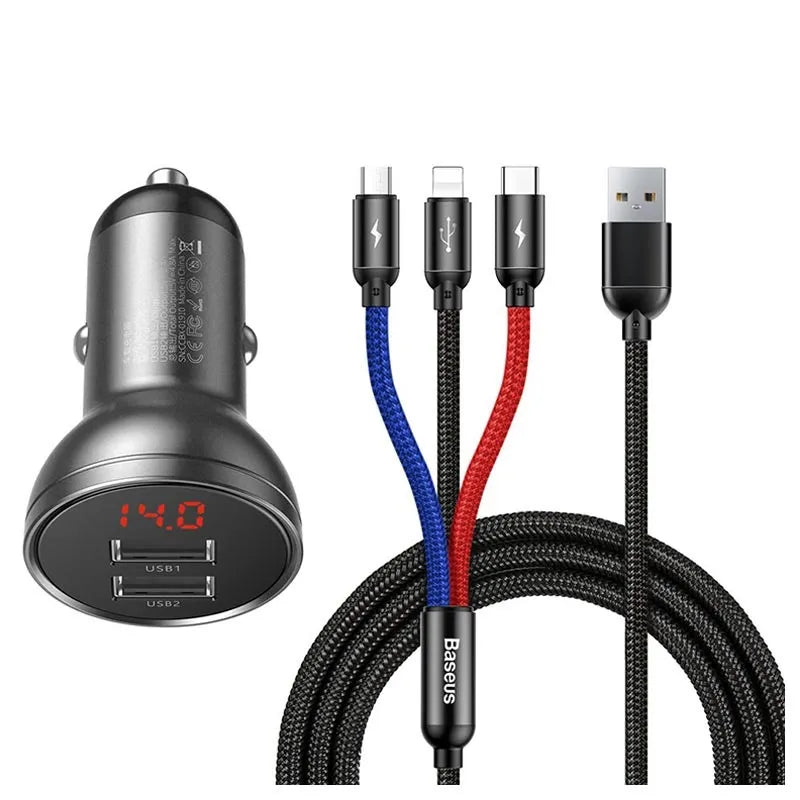 Baseus Digital Display Dual USB 4.8A Car Charger 24W With 3 in 1 Data Cable 1.2m