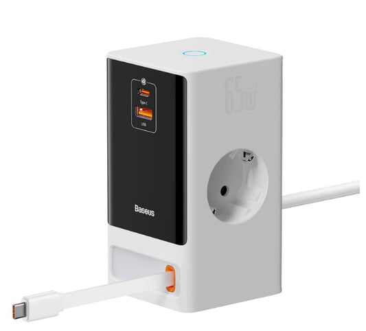 Buy Baseus Digital Power Strip EU 2AC+1U+1C+Retractable-C 65W Smart Version Desktop Charger Glacier White from Vmart in Pakistan