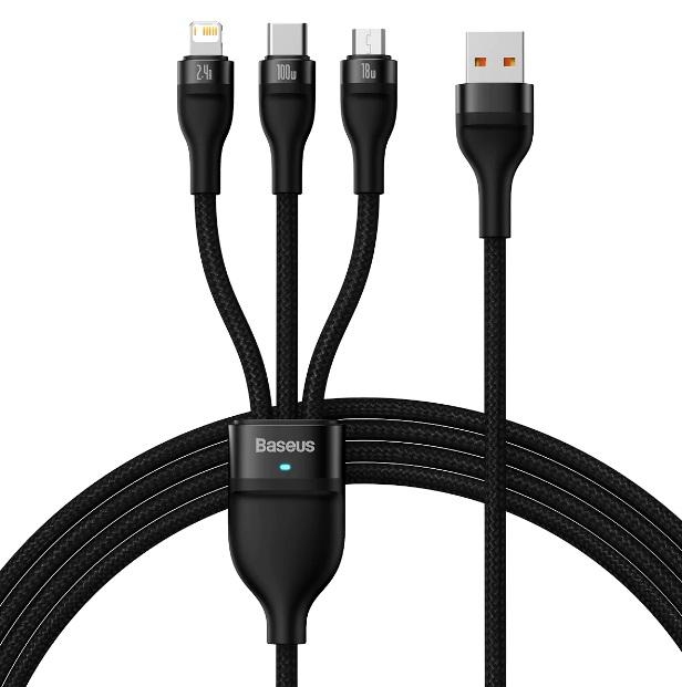 Baseus Flash Series Ⅱ One for Three Fast Charging Data Cable USB to M+L+C 100W 1.2m Black