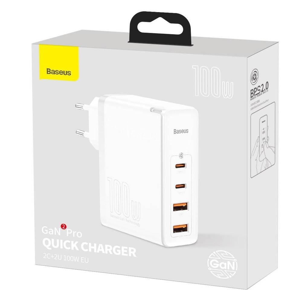 Baseus GaN2 Pro 100W 2 x USB + 2 x Type-C Ports Quick Charger with Type-C Cable - White