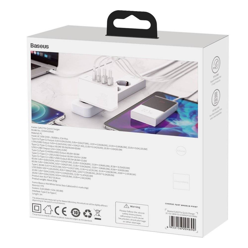 Baseus GaN2 Pro 100W 2 x USB + 2 x Type-C Ports Quick Charger with Type-C Cable - White