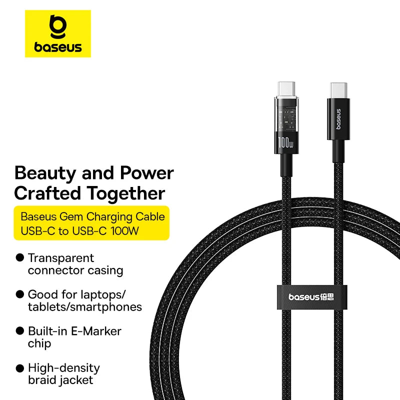 Baseus Gem Series Type C to C 100W Fast Charging Cable Cluster Black 1m