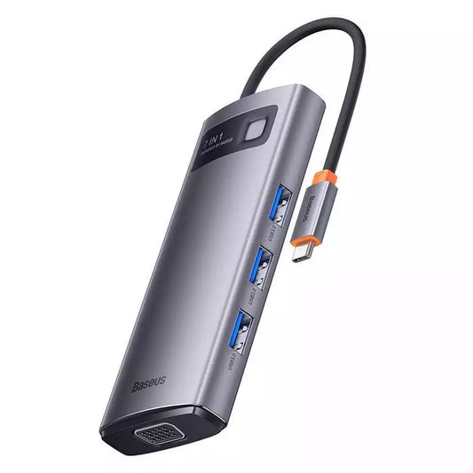 Buy Baseus Metal Gleam Series 7-in-1 Multifunctional Type-C Hub Docking Station Gray (Type-C to HDMI*1+USB3.0 * 3+PD*1+VGA*1+RJ45*1) from Vmart in Pakistan