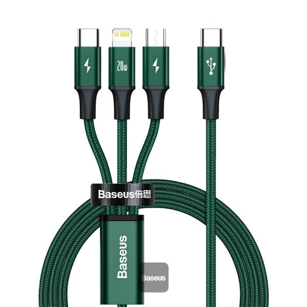 Baseus Rapid Series 3-In-1 Fast Charging Data Cable Type-C To M+L+C Pd 20w 1.5m Green