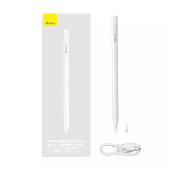 Baseus Smooth Writing 2 Series Dual Charging Stylus White (Active Version Wireless/Cabled Charging with Simple Series Data Cable White and active pen tip)