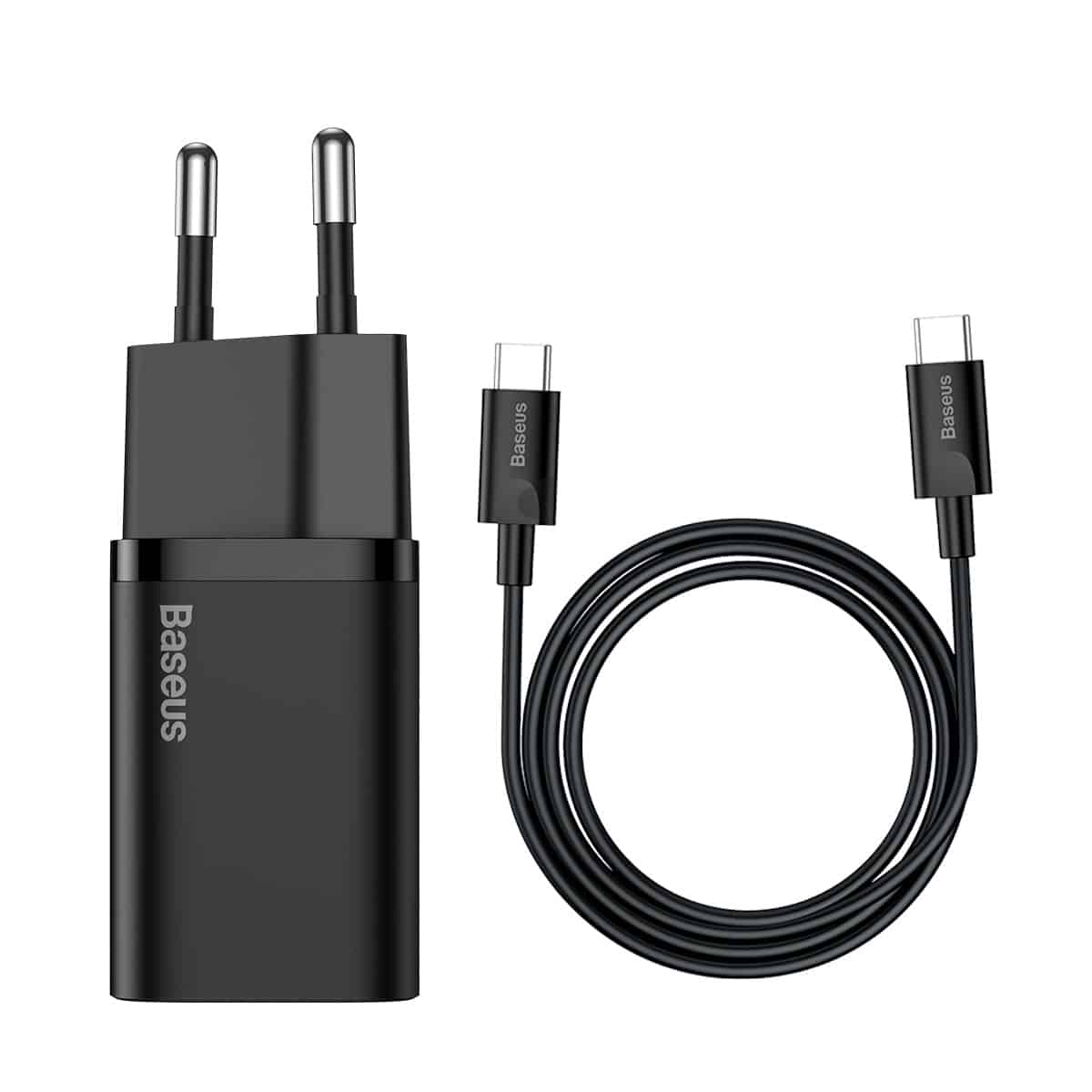 Baseus Super Si Quick Charger 1C 25W EU Sets (With Mini Cable Type-C to Type-C 3A 1m) Black