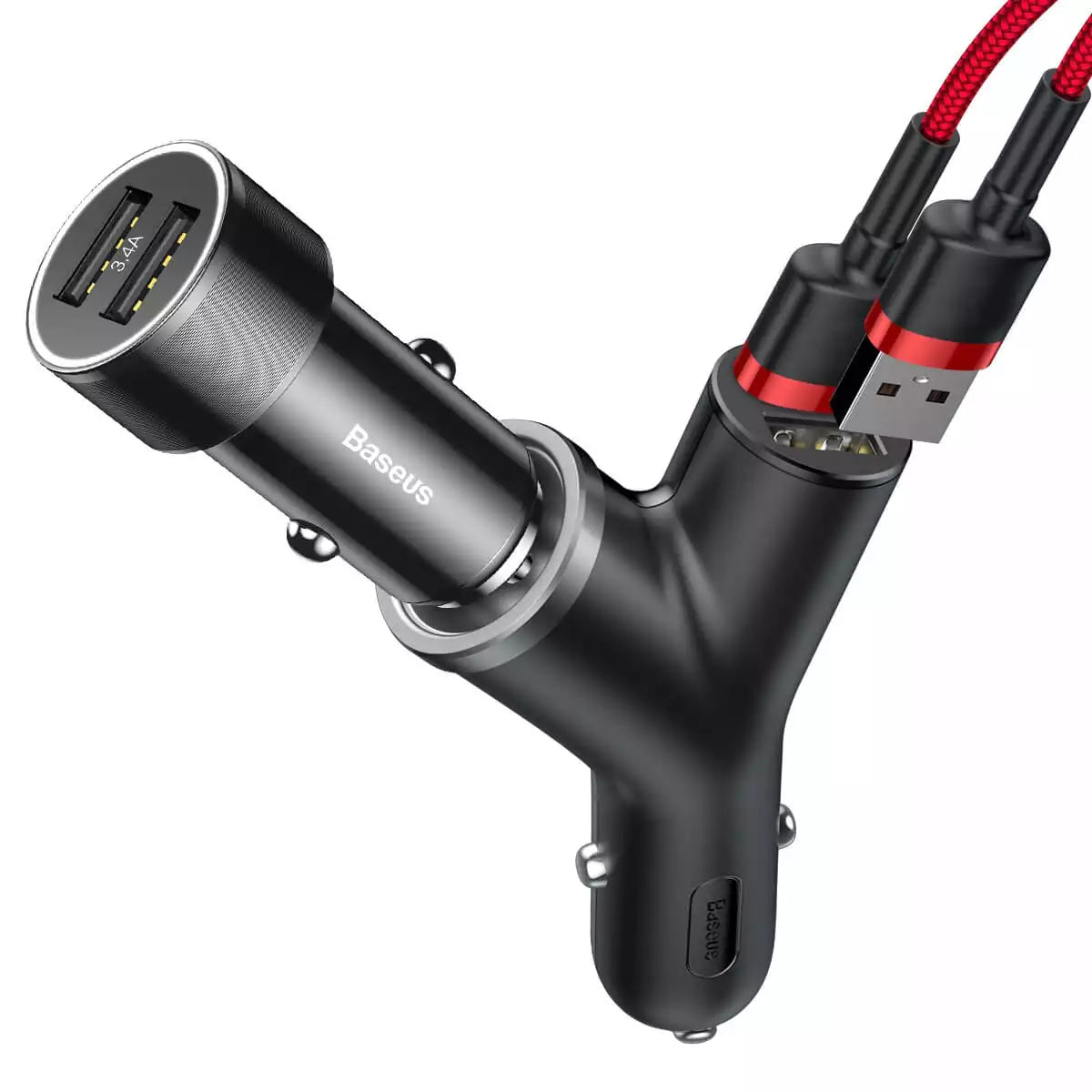 Baseus Y Type Dual USB+Cigarette Lighter Extended Car Charger Black