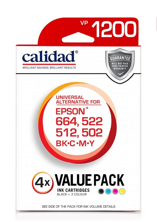 Calidad 1200-VP Alternative for Epson 502, 512, 522, 664 Black, Cyan, Magenta &amp; Yellow 70ml Ink Bottles 4pk