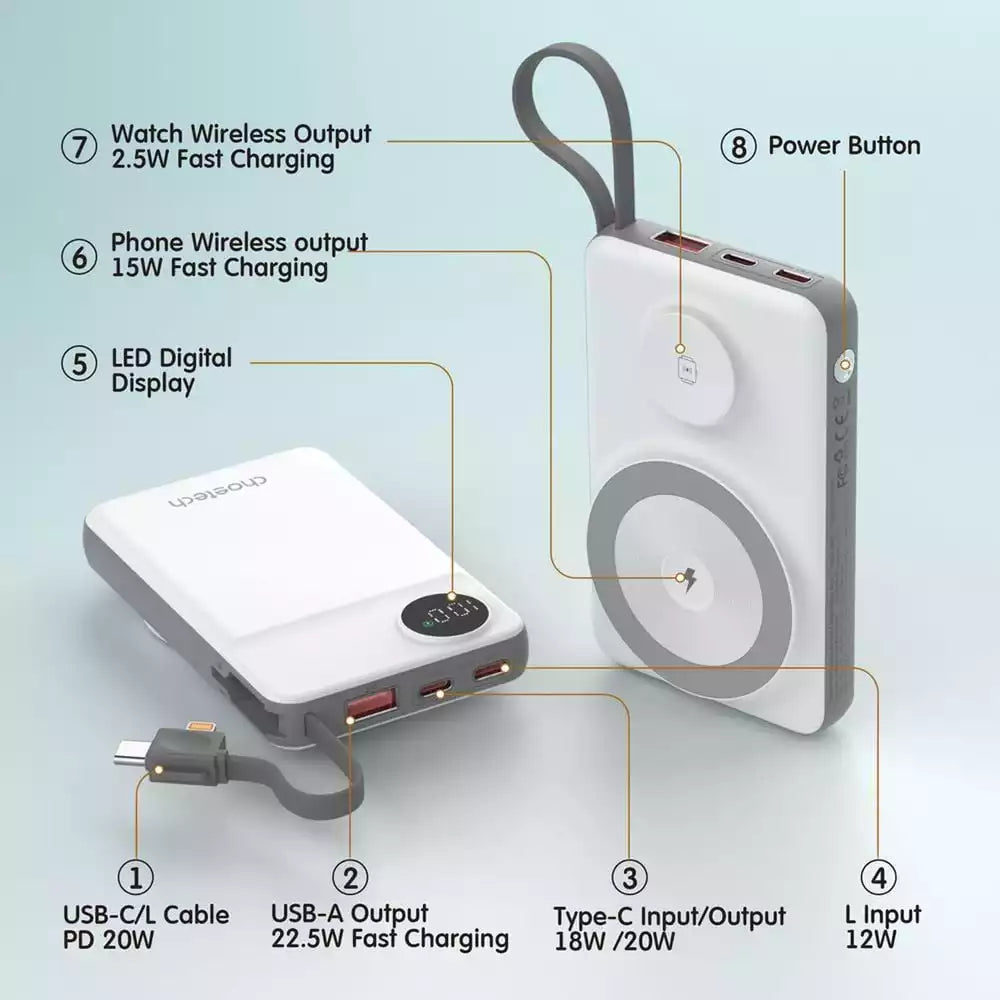 Buy Choetech B695 10000mAh PD15W 3 in 1 Magnetic Wireless Power Bank White/Grey from Vmart in Pakistan