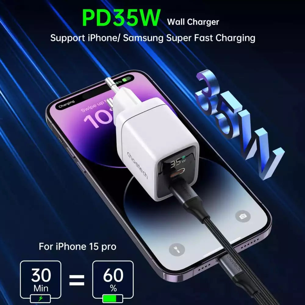 Buy Choetech PD6051 2X USB-C PD 35W GAN Wall Charger With Display White from Vmart in Pakistan