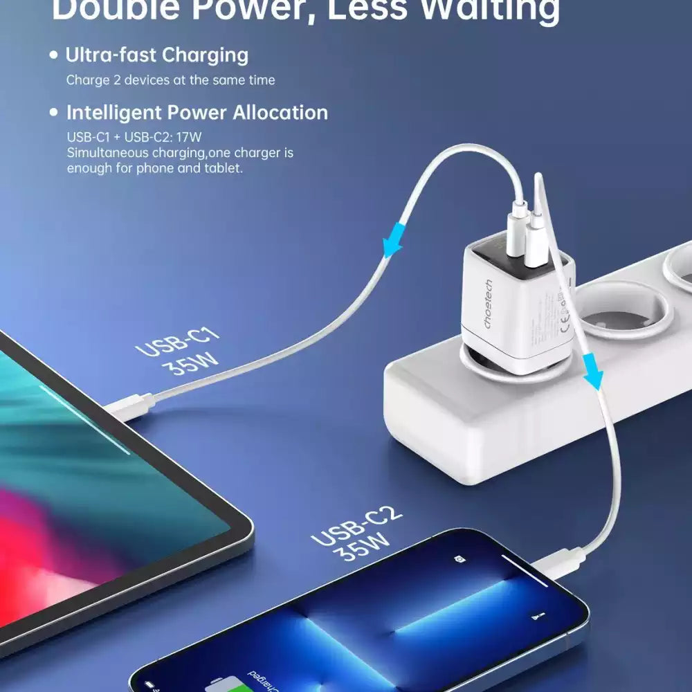 Buy Choetech PD6051 2X USB-C PD 35W GAN Wall Charger With Display White from Vmart in Pakistan