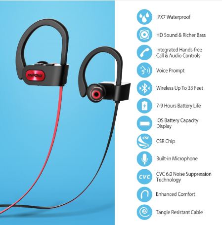 Mpow Flame Bluetooth Headphones Waterproof IPX7- Black