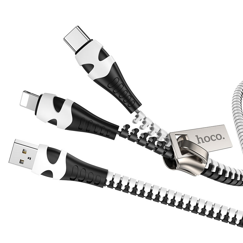 Hoco U97 Zipper 2-in-1 USB to Lightning / Type-C Charging Cable - Black+White