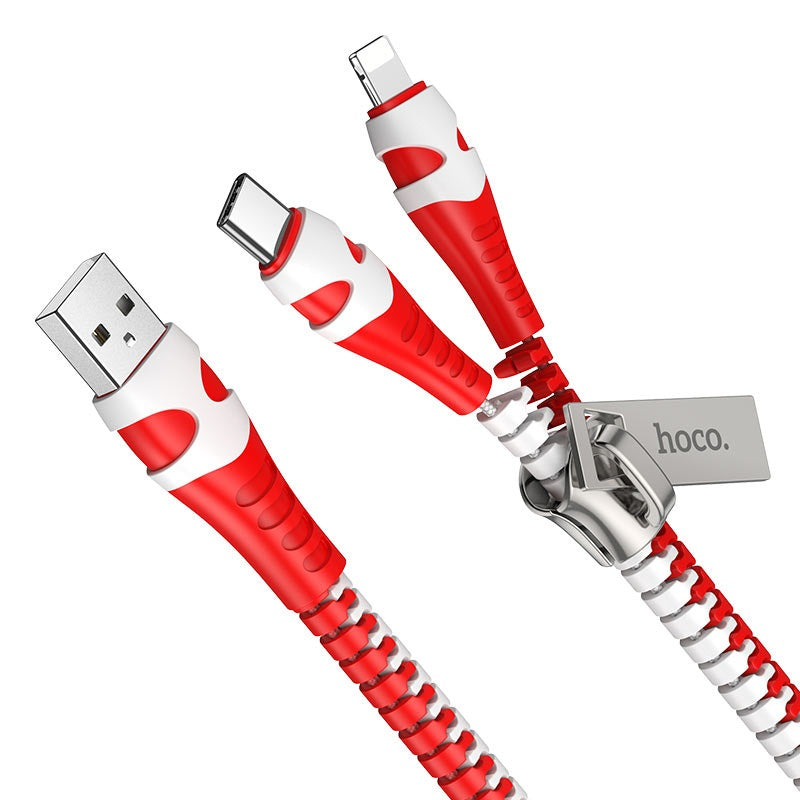 Hoco U97 Zipper 2-in-1 USB to Lightning / Type-C Charging Cable - Red+White