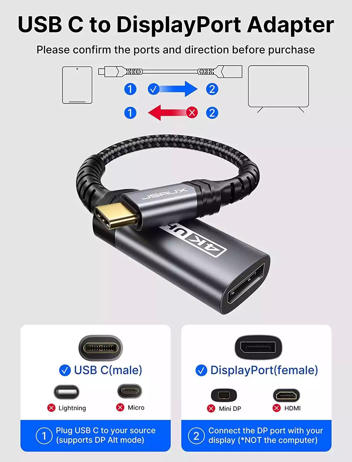 Jsaux CV0028 4K@60Hz USB-C To DisplayPort Adapter