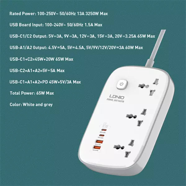 Ldnio SC3416 3 AC Outlets 4 USB Power Strip