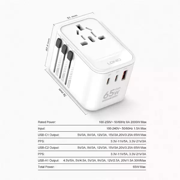 Buy Ldnio Z6 3 USB Ports 65W GaN Travel Adapter from Vmart in Pakistan