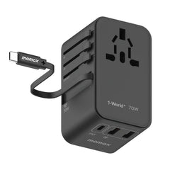 Momax UA18D 1-World+ GaN 70W 3-Ports Travel Charger Built-in USB-C Cable