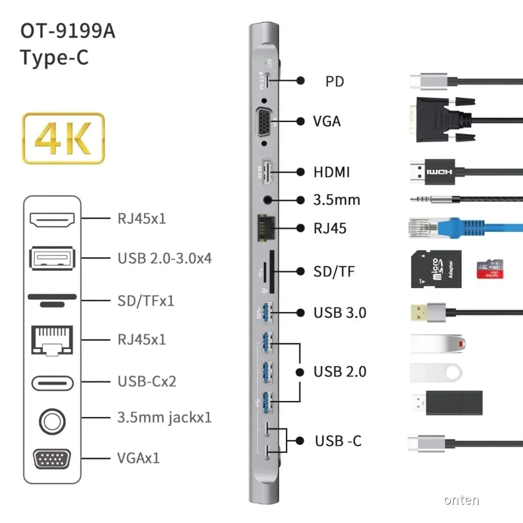 Onten 9199A 14 In 1 USB C Multifunction Docking Station